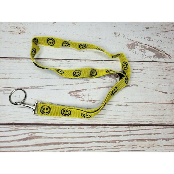 Yellow & Black Smiley Face Happy Face Key Chain ID Badge Holder Necklace Gift - Picture 3 of 6